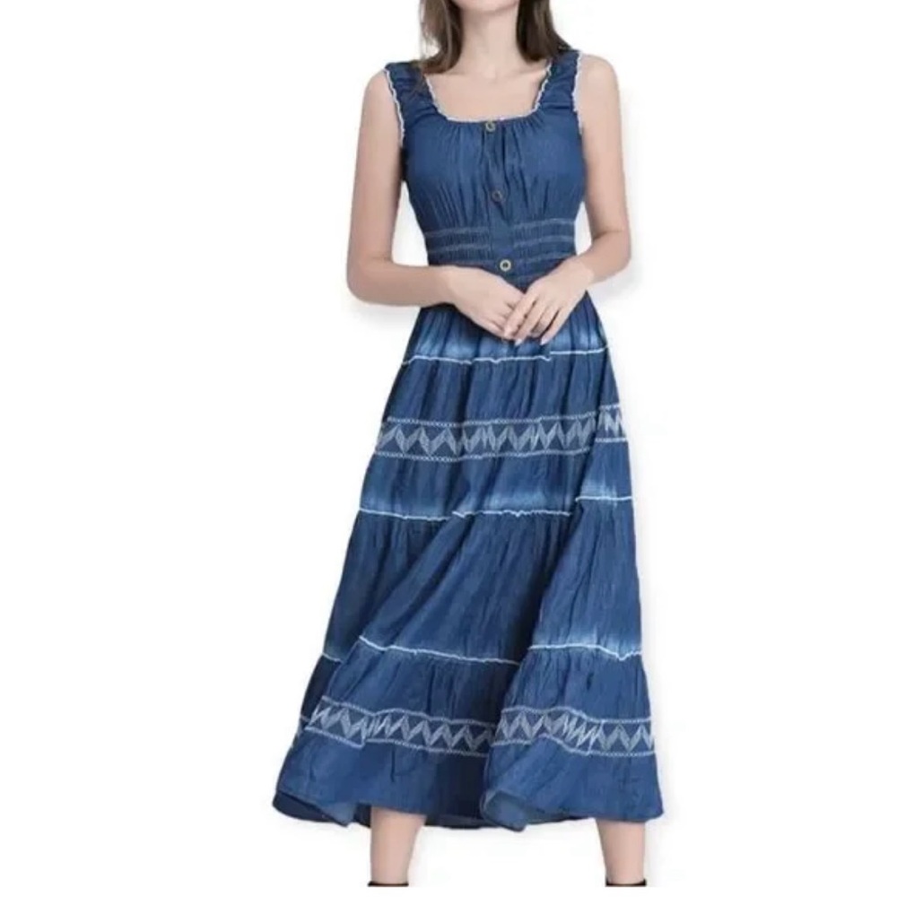 LAPIS Women’s Tiered Blue Chambray Sleeveless Maxi Dress